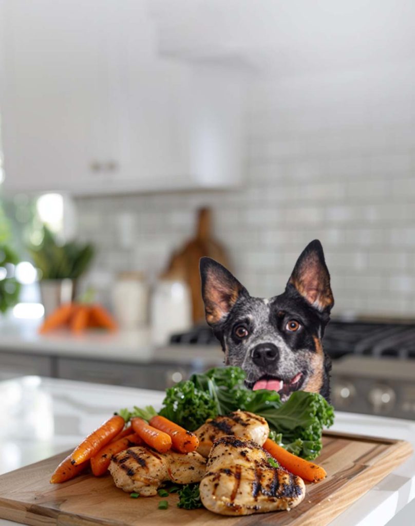 dog looking at kale and chicken in kitchen