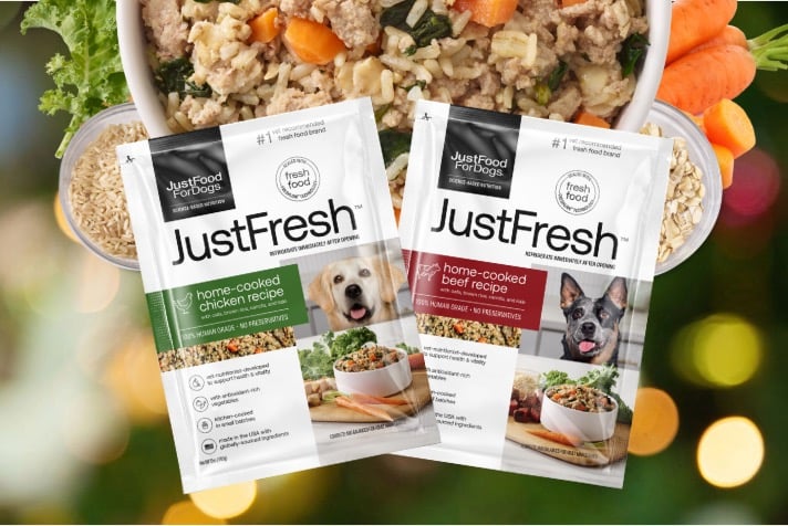 justfresh shelf-stable dog food in convenient resealable pouches